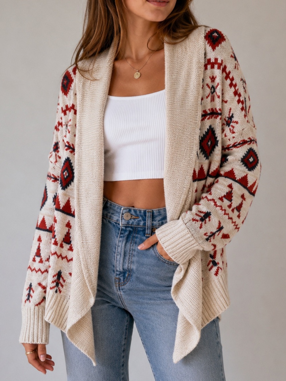 Roxy Boho Open Front Knit Cardigan Sweater Cream Red Women’s XS